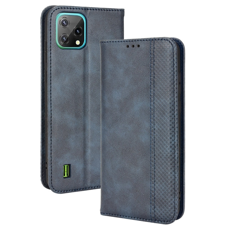 Dark blue crazy horse leather wallet phone case with cutout for camera and speaker holes.