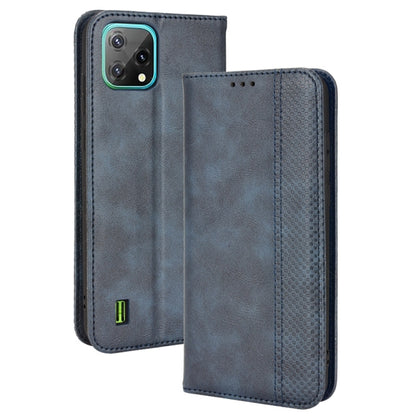 Dark blue crazy horse leather wallet phone case with cutout for camera and speaker holes.