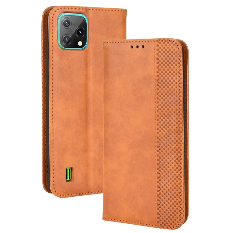 Tan-brown crazy horse leather wallet phone case with camera cutout and magnetic closure tab.
