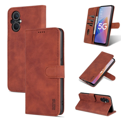 Brown textured leather flip phone case with side camera opening and viewing kickstand