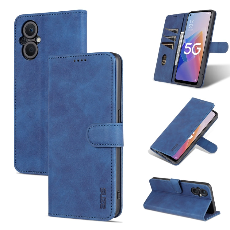 Blue calf-texture leather flip phone case with folio stand and stitched trim.