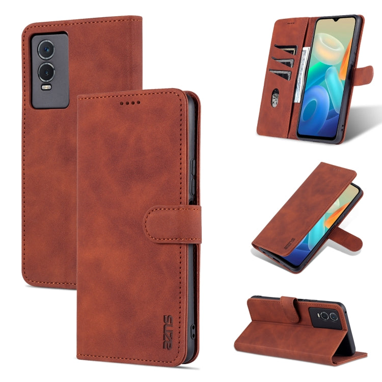 Brown textured leather flip phone case with horizontal card holder and flap closure