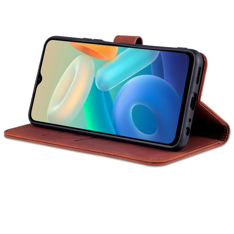 Brown textured leather flip phone case styled as a kickstand