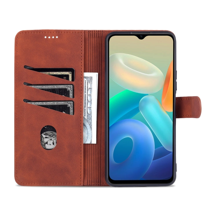 Brown textured leather flip phone case with card slots and inner photo/id holder