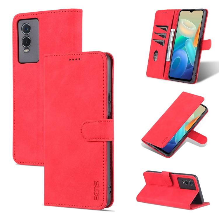 Red textured leather flip phone case with flap closure and kickstand viewing stand