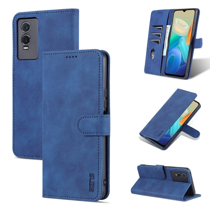 Blue calf-texture leather flip phone case with horizontal stand and camera cutouts.