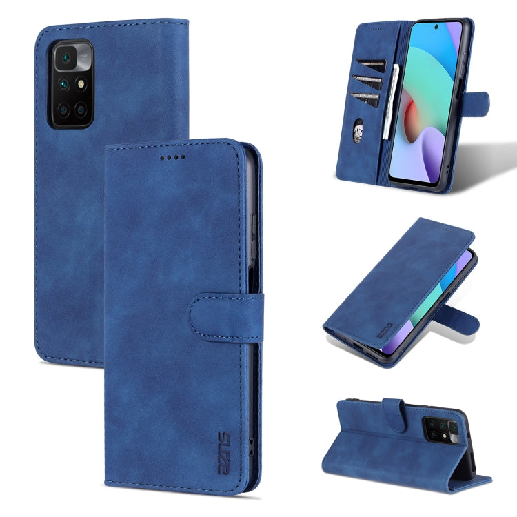 Blue calf-texture leather flip phone case with horizontal stand and camera cutouts.