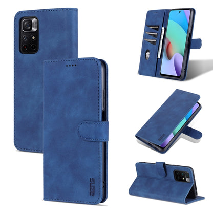 Blue calf-texture leather flip phone case with folio stand and stitched trim.