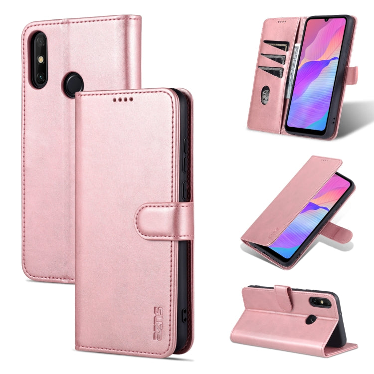 Rose gold calf-texture leather flip phone case with folio stand and stitched trim.