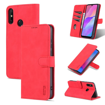 Red calf-texture leather flip phone case with folio stand and stitched trim.