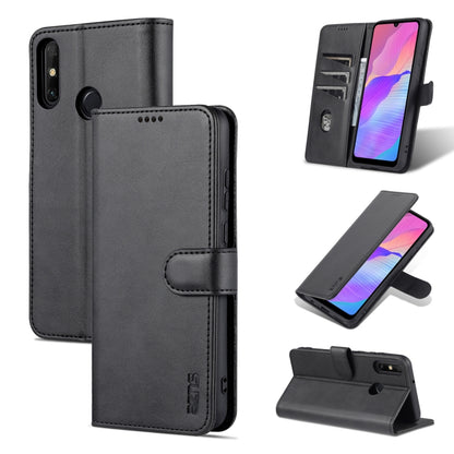 Black calf-texture leather flip phone case with folio stand and stitched trim.