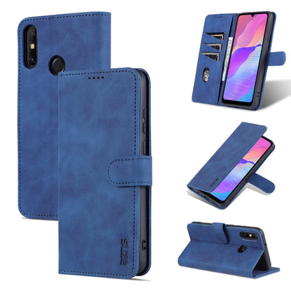 Blue leather-texture flip phone case with magnetic flap, camera cutouts, and kickstand