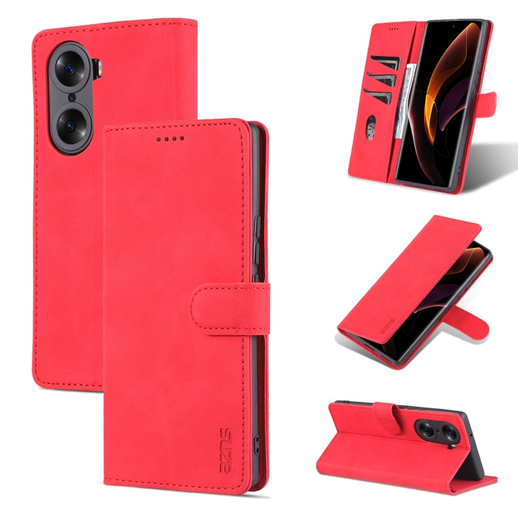 Red leather-texture flip phone case with magnetic flap, camera cutouts, and kickstand
