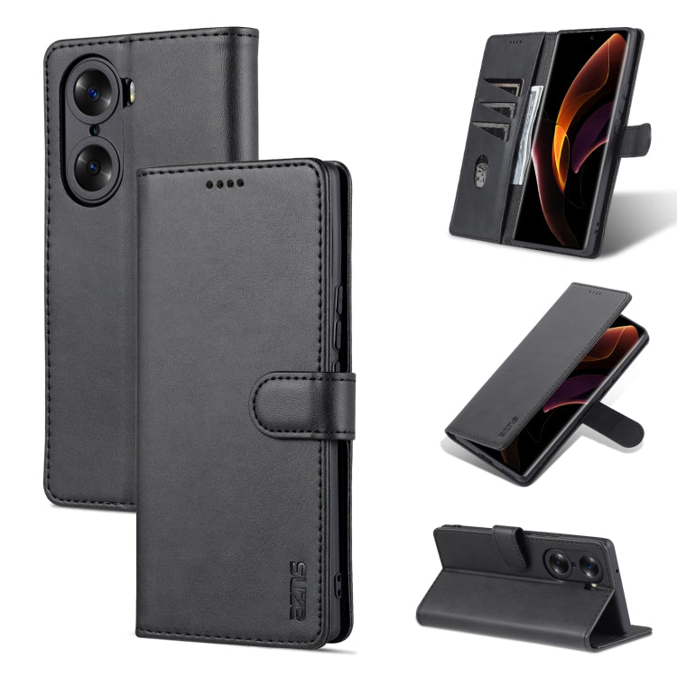 Black leather-texture flip phone case with magnetic flap, camera cutouts, and kickstand