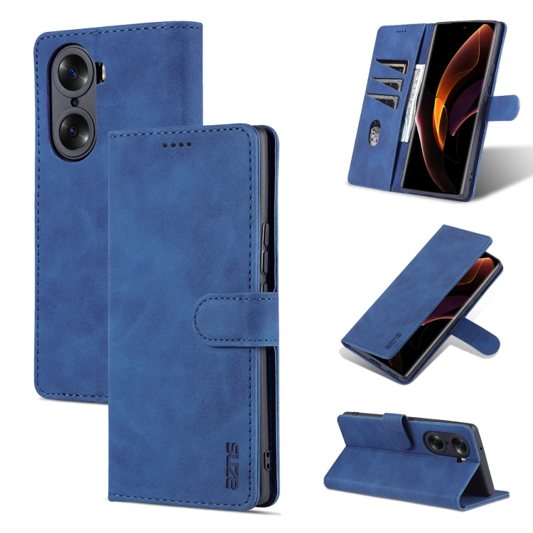 Blue leather-texture flip phone case with magnetic flap, camera cutouts, and horizontal stand