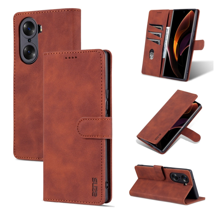 Brown leather-texture flip phone case with magnetic flap, camera cutouts, and horizontal stand