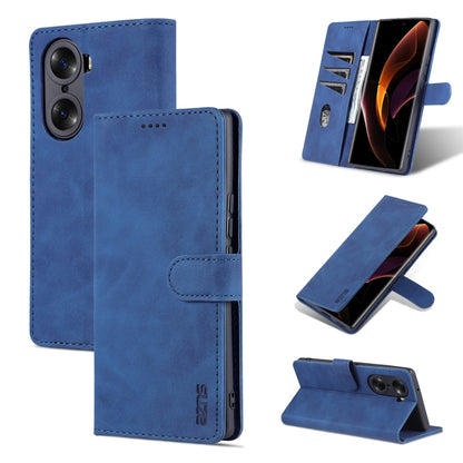 Blue leather flip phone case with horizontal stand and stitched card-slot design.