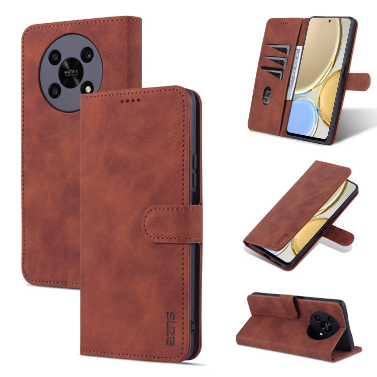 Brown leather flip phone case with horizontal stand and stitched card-slot design.