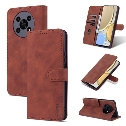 Brown leather flip phone case with horizontal stand and stitched card-slot design.