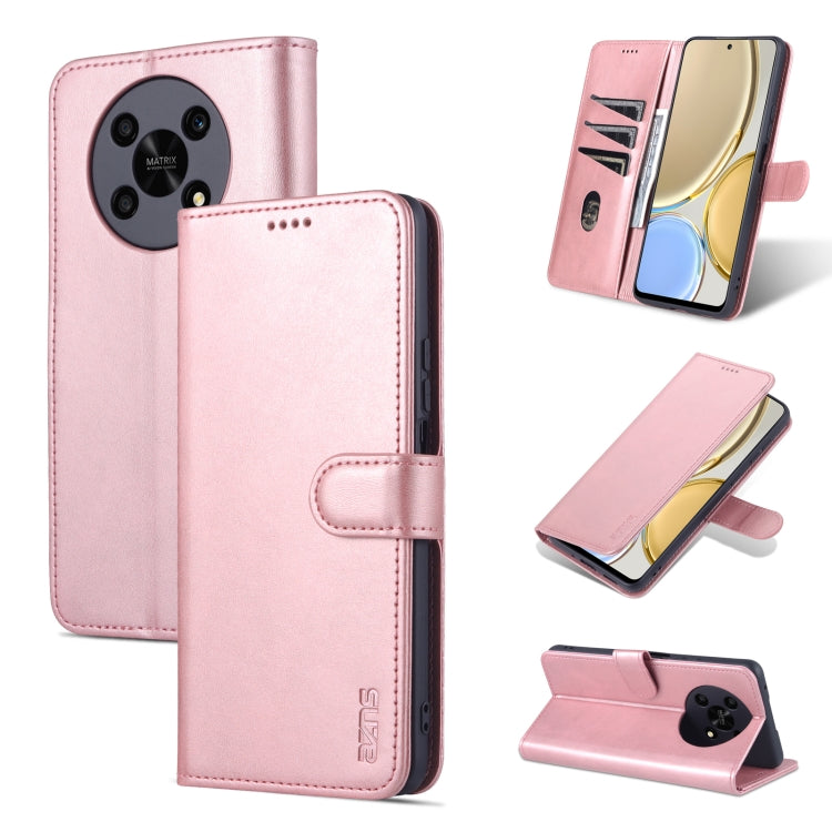 Pink leather flip phone case with horizontal stand and stitched card-slot design.