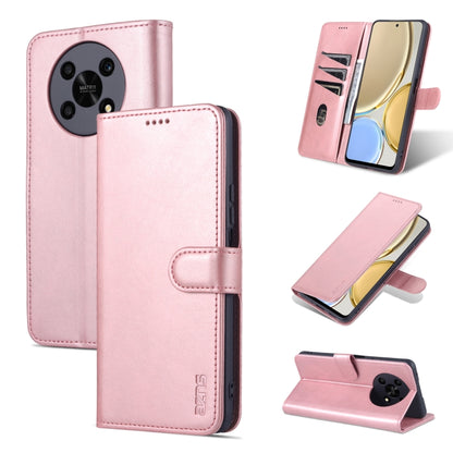 Pink leather flip phone case with horizontal stand and stitched card-slot design.