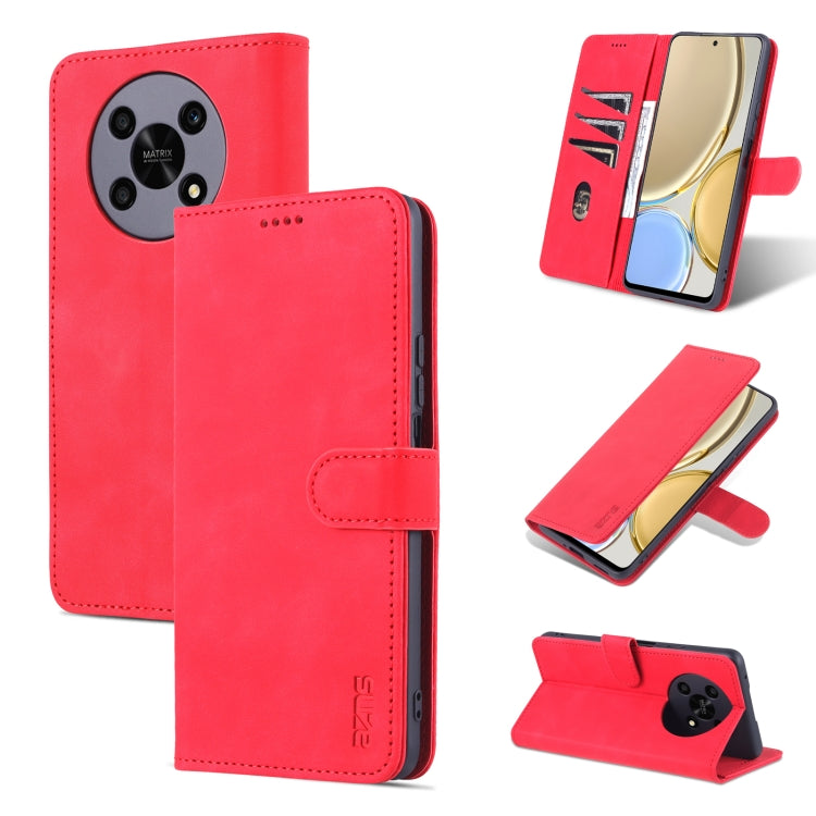 Red leather flip phone case with horizontal stand and stitched card-slot design.
