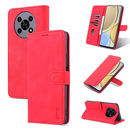 Red leather flip phone case with horizontal stand and stitched card-slot design.