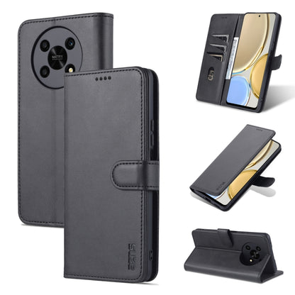 Black leather flip phone case with horizontal stand and stitched card-slot design.