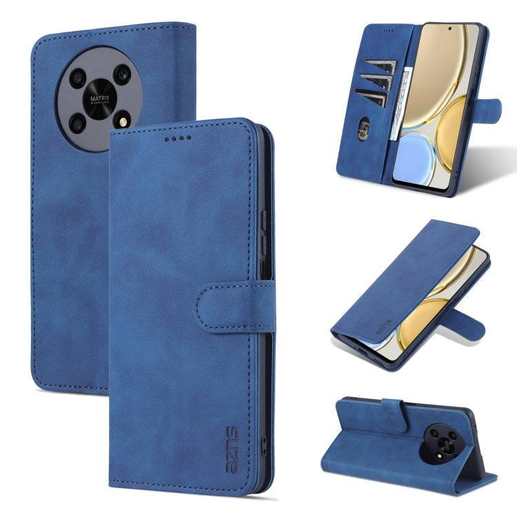 Blue leather flip phone case with horizontal stand; secure flap with stitched detailing.