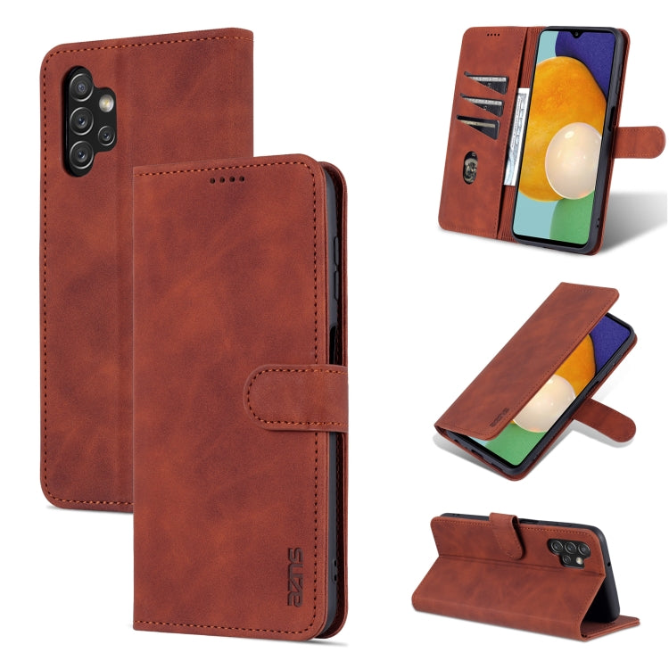 Brown leather flip phone case with horizontal stand; secure flap with stitched detailing.