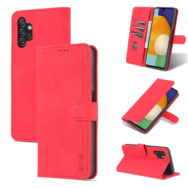 Red leather flip phone case with horizontal stand; secure flap with stitched detailing.