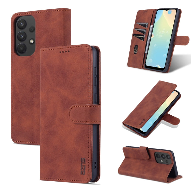Brown leather-style flip phone case with card slot, stand, and magnetic clasp