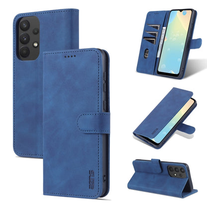 Blue leather phone wallet case with horizontal flip, side button cutouts, and stand