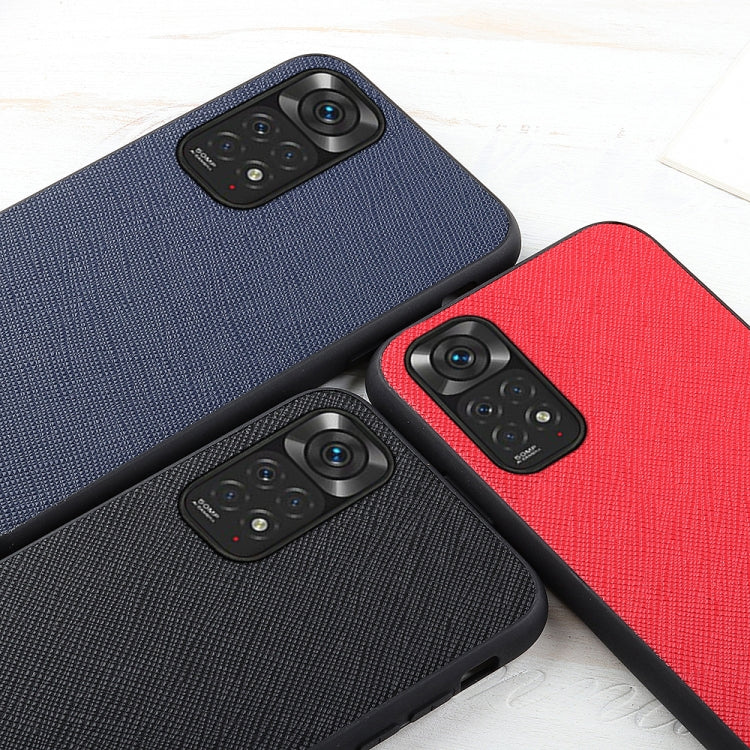 Textured leather phone case colors shown together: navy blue, black, and red
