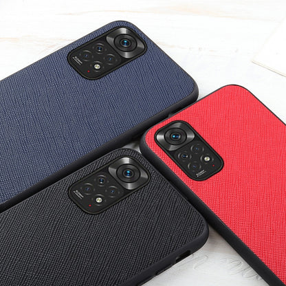 Textured leather phone case colors shown together: navy blue, black, and red