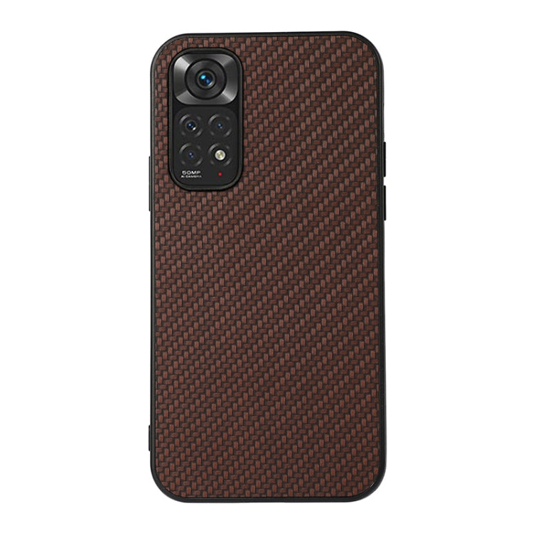 Brown carbon fiber texture shockproof phone case with camera cutout and raised edges