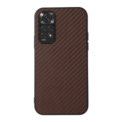 Brown carbon fiber texture shockproof phone case with camera cutout and raised edges