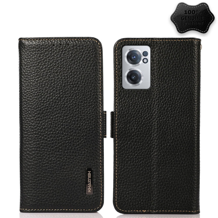 Litchi-texture genuine leather phone case, side-magnetic flip with RFID protection, black