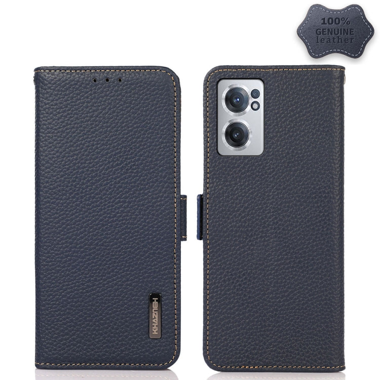 Genuine leather litchi-texture phone case with side magnetic flip, RFID, blue