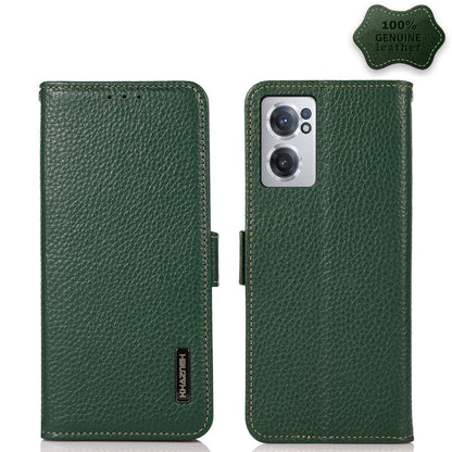 Genuine leather litchi-texture phone case with side magnetic flip, RFID, green
