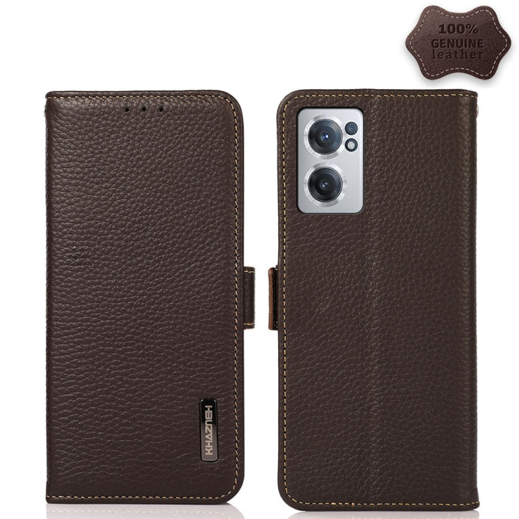 Genuine leather litchi-texture phone case with side magnetic flip, RFID, brown