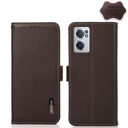Genuine leather litchi-texture phone case with side magnetic flip, RFID, brown
