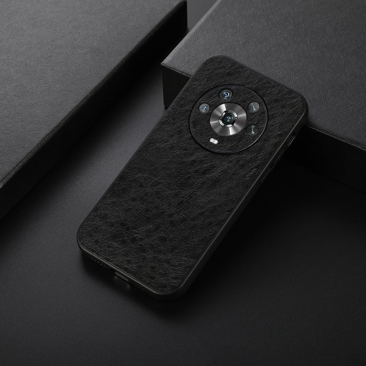 Black crazy horse texture PU phone case with camera ring detail on back.