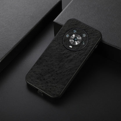 Black crazy horse texture PU phone case with camera ring detail on back.