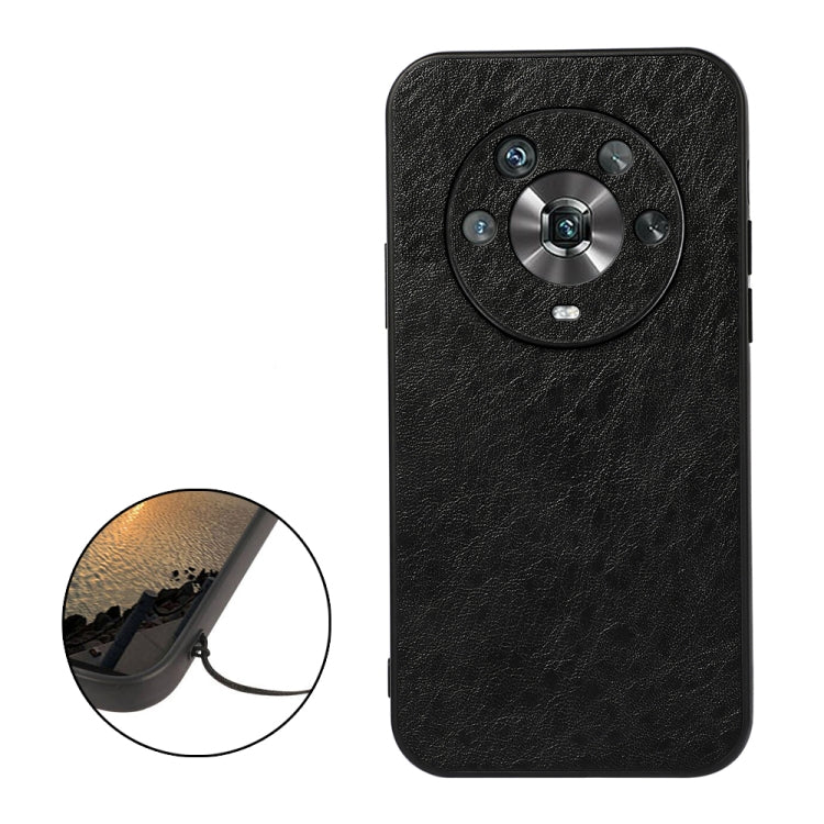 Black crazy horse texture PU phone case with circular camera ring and cutout.