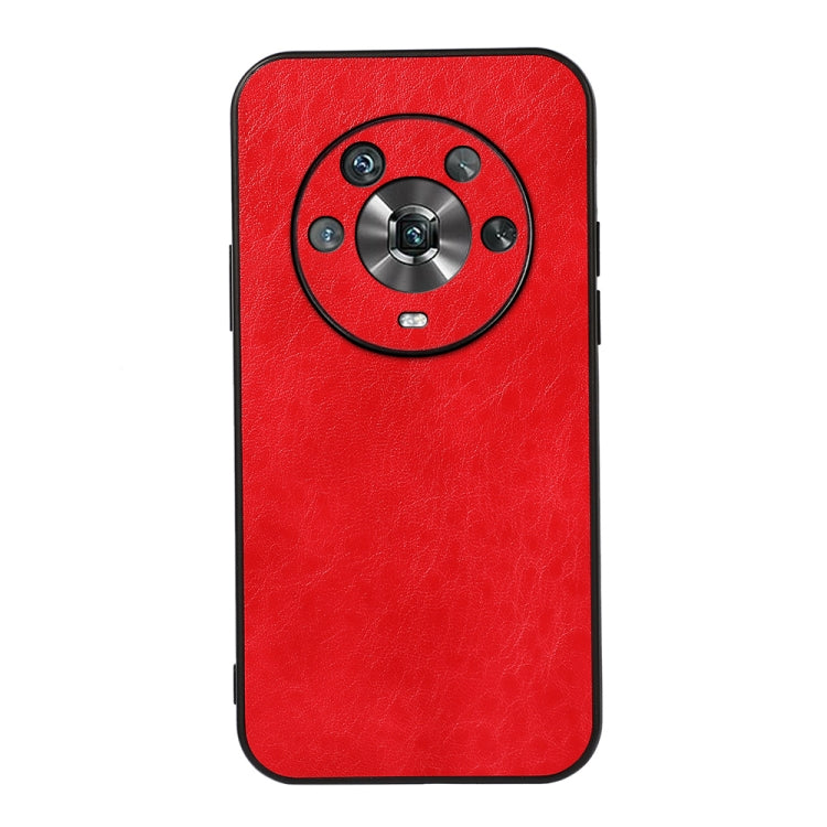 Red crazy horse texture PU phone case with circular camera ring cutout.