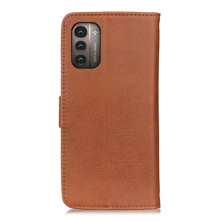 Brown leather flip phone wallet case back with camera cutout and stitched border.