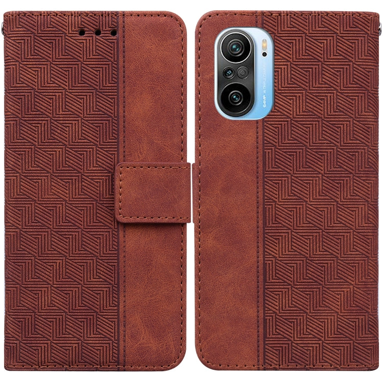 Brown geometric embossed leather wallet phone case with side flip and magnetic strap