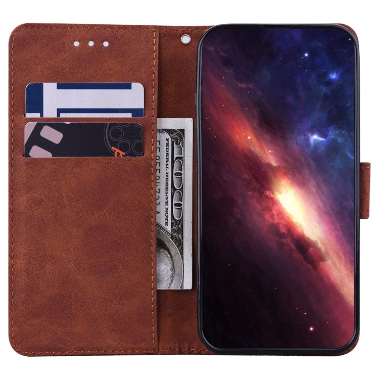 Brown geometric embossed leather wallet phone case with card slots and flip cover