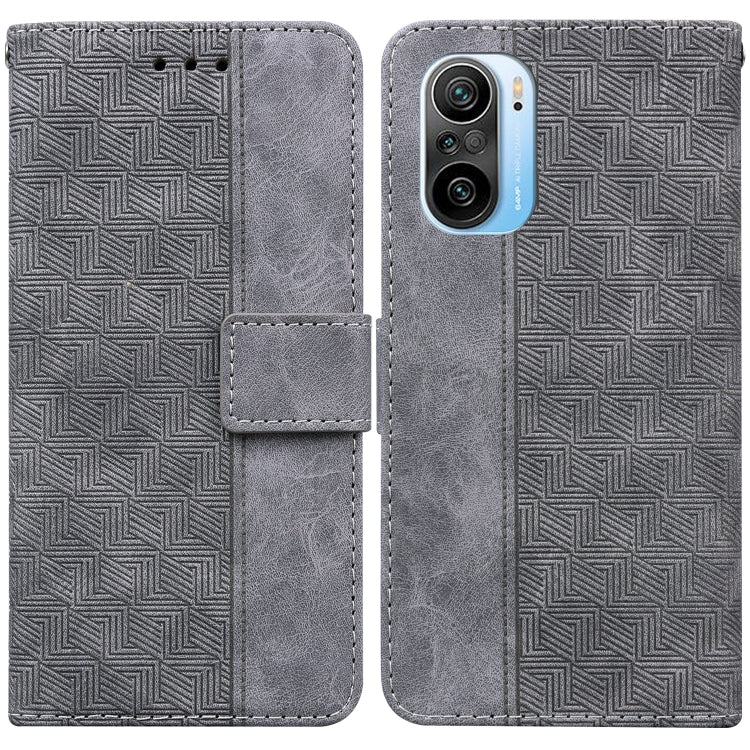 Geometric embossed leather phone case with flip cover and card slot, gray